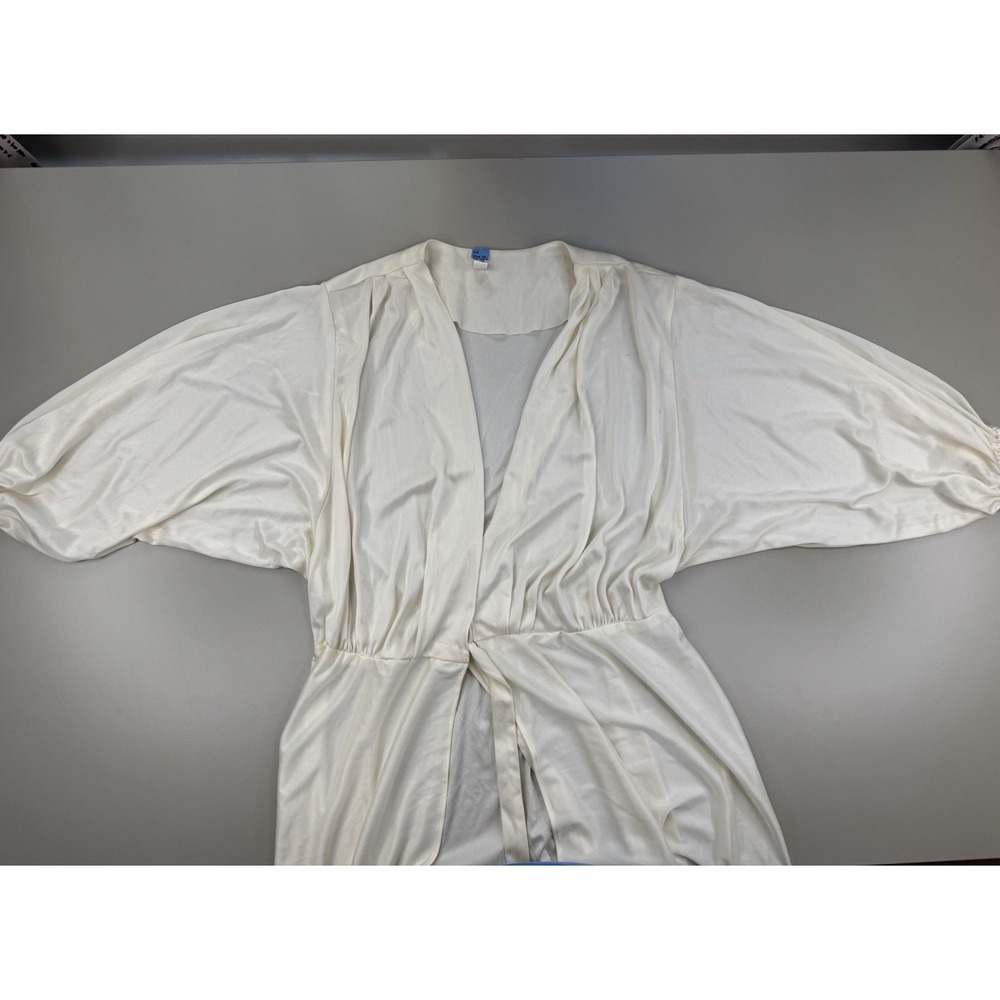 Vintage Cream Satin Robe Size L Boho Bridal Puff Sleeve Tie Waist Romantic - Picture 5 of 14
